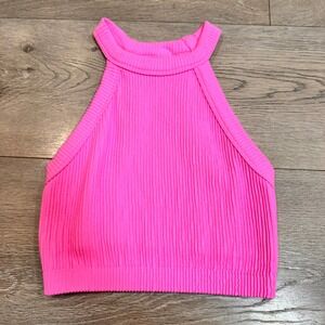 Ribbed High-Neck Crop Top - Hot Pink